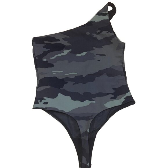 Victoria's Secret Sport Thong Bodysuit Womens Small Green Camo One Shoulder - Picture 2 of 5